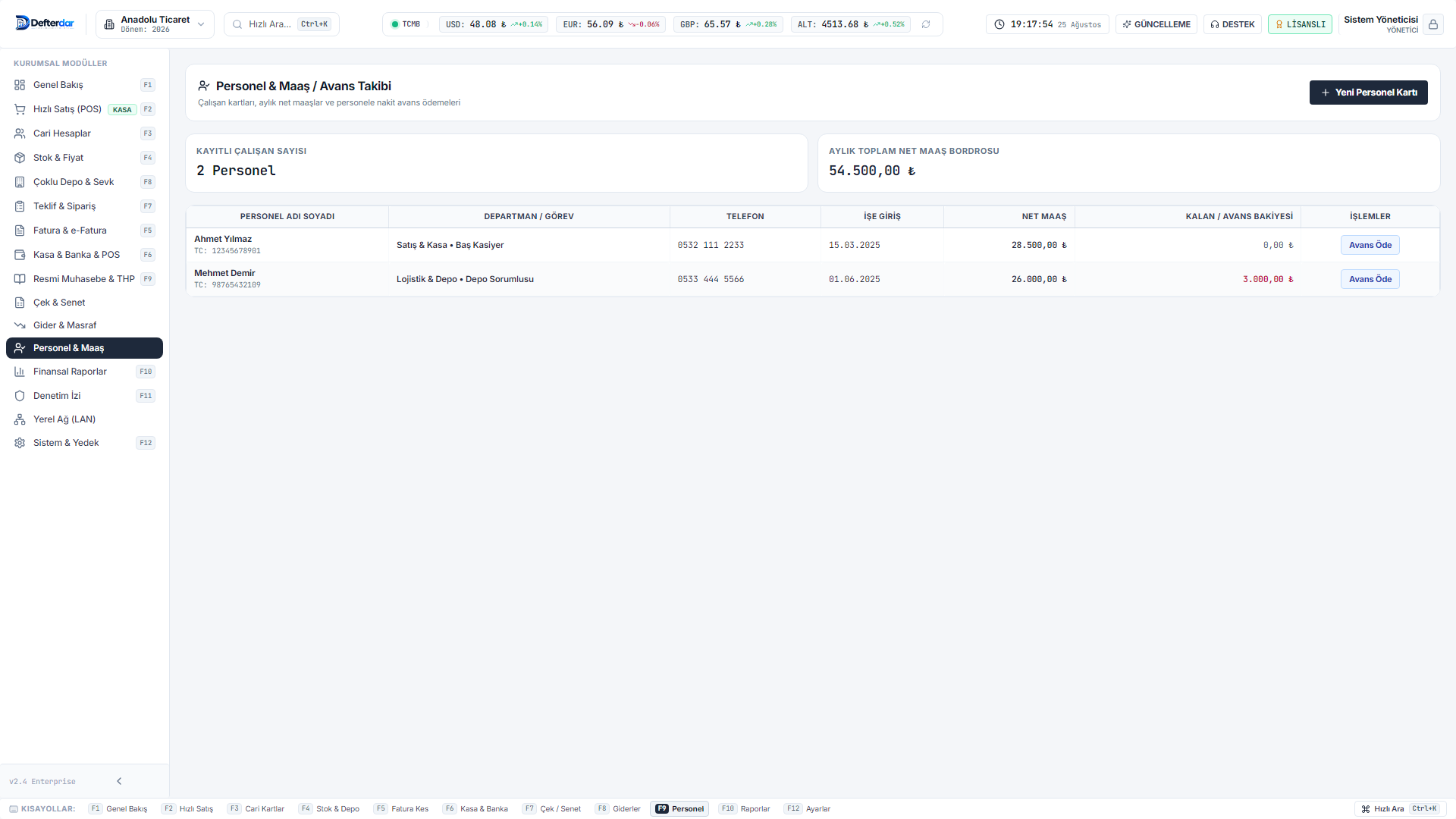 Defterdar ERP Finansal Raporlar ekranı